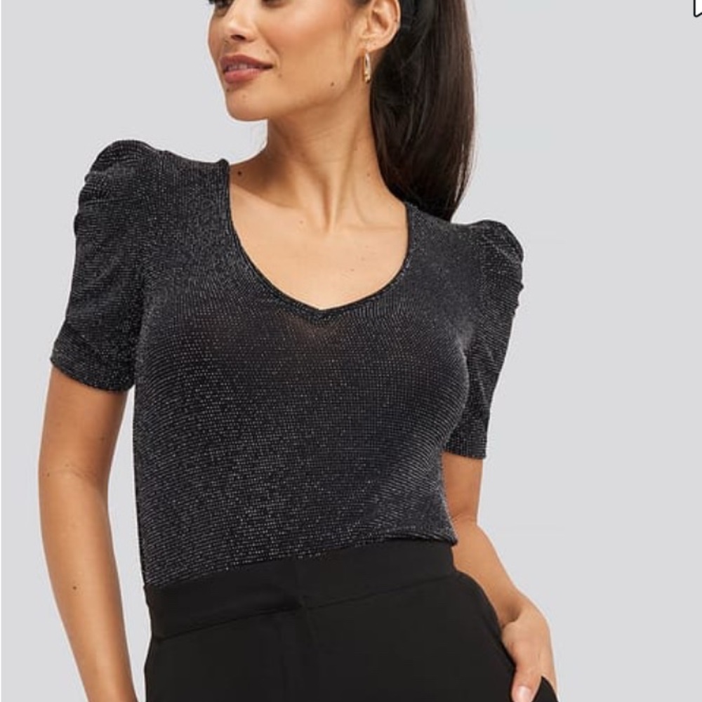 MANGO puff sleeve ruffle top size small dazzle 80s sparkly evening casual XS